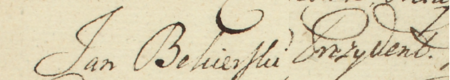 Z pism urzędu radzieckiego Kazimierza do mieszkańców Kazimierza z lat 1611–1787: niedatowane obwieszczenie
podpisane przez burmistrza Jana Bekierskiego w sprawie zakazu wypuszczania na ulice bydła rogatego i nierogatego – oraz
zbliżenie pieczęci radzieckiej pochodzącej z 1775 roku i zapisu imienia z funkcją
(Archiwum Narodowe w Krakowie, sygn. 346, s. 111)