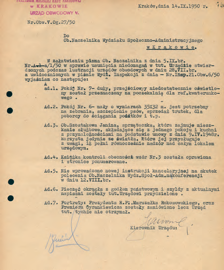 Z akt prezydialnych Miejskiej Rady Narodowej w Krakowie pochodzący z 1950 r. raport
z wykonania zaleceń pokontrolnych sporządzony przez kierownika Franciszka Jasionowskiego
(Archiwum Narodowe w Krakowie, sygn. 29-701-795, nlb)