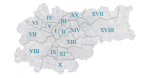 Plan konturowy podziału na dzielnice od roku 1991
na podkładzie planu miasta
przedstawionego w pełnym kształcie na s. 736