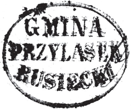 (1855)
Odciski pieczęci urzędowych Przylasku Rusieckiego
z lat 1855, 1927, 1947 i 1969
(Archiwum Narodowe w Krakowie,
sygn. 29/456/212, nlb.; sygn. PUZKr 61, nlb.;
sygn. Gm. Ru. 13, s. 289;
sygn. 29/1112/132, nlb.)