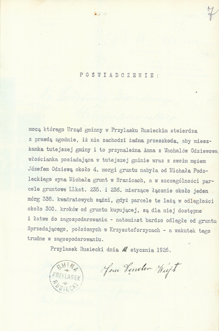Z działalności przedwojennej gminy Przylasek Rusiecki – dokument wydany w 1926 roku
w ramach rutynowej działalności władz gminnych
(Archiwum Narodowe w Krakowie, sygn. 29/286/454, s. 7)