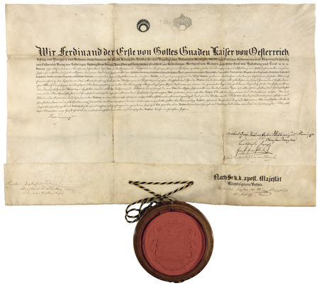 Dokument wystawiony w 1839 roku w Wiedniu, mocą którego cesarz Ferdynand I nadał Podgórzu przywilej dwunastu jarmarków w roku
(Archiwum Narodowe w Krakowie, sygn. perg. 1097)