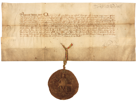 Dokument wydany w 1345 roku w Krakowie przez Kazimierza Wielkiego, mocą którego król
nadaje klasztorowi Cystersów w Mogile swoją wieś Dąbie; przy pergaminie królewska pieczęć majestatowa
(Archiwum Narodowe w Krakowie, sygn. perg. 29)