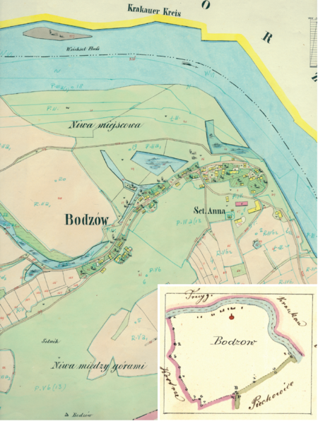 Centrum Bodzowa na mapie katastralnej sporządzonej dla gminy katastralnej Bodzów w 1848 roku oraz pochodzący
z 1845 roku plan sytuacyjny z wyrysowanymi granicami gminy Bodzów i lokalizacją gmin sąsiadujących
(Archiwum Narodowe w Krakowie, sygn. K. Krak. 44; sygn. K. Krak. op. 7, s. 53)