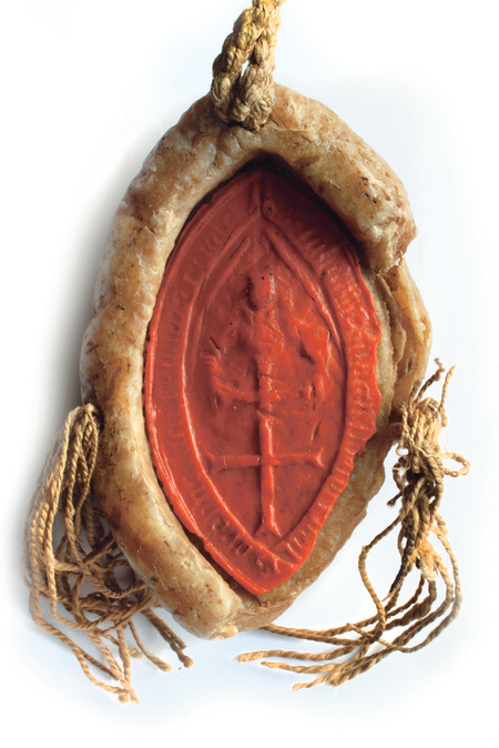 Dokument erekcyjny jurydyki Błonie wydany w 1551 roku w Krakowie, w którym Stanisław z Krakowa, proboszcz, wraz z całym konwentem
św. Ducha w Krakowie, chcąc podnieść dochody klasztoru, zezwala na polach klasztornych położonych pomiędzy Pędzichowem
i Biskupiem „na błoniu” budować domy i zakładać ogrody za czynszem rocznym; na zbliżeniu pieczęć duchaków z charakterystycznym
dla nich podwójnym krzyżem (Archiwum Narodowe w Krakowie, perg. 584)