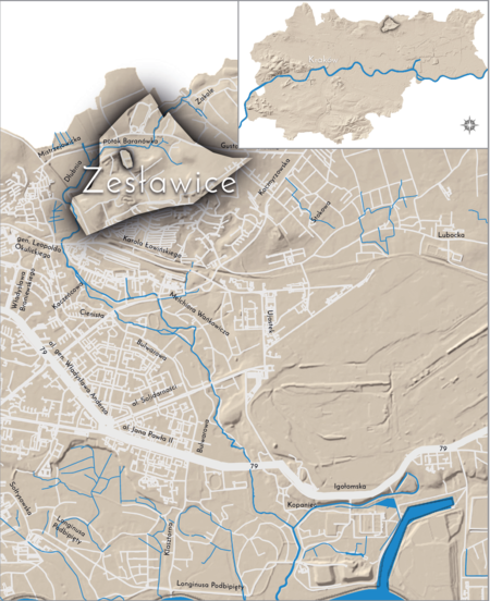 Orientacyjna lokalizacja dawnej wsi Zesławice w obecnych granicach Krakowa – na planie miasta oznaczono jej położenie
w kształcie wyznaczonym granicami jednostki katastralnej, jaką stanowiła, ze wskazaniem najstarszego, historycznego centrum
Zesławic w dolinie potoku Baranówka, po wschodniej stronie dzisiejszej ulicy Jeziorany