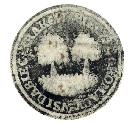 Z akt Wolnego Miasta Krakowa: odcisk pieczęci gromadzkiej Dąbia użytej na dokumencie
wystawionym przez sołtysa w 1817 roku (Archiwum Narodowe w Krakowie, sygn. WMK IX-32)