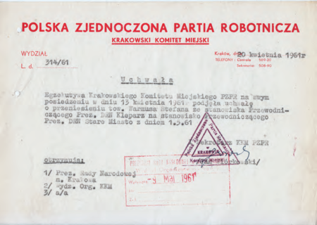 Leżące w sferze faktów, a nie prawa, kulisy wyborów przewodniczących dzielnicowych rad narodowych,
dokonywanych przez te rady w określonej rzeczywistości politycznej – przykłady z roku 1961
(Archiwum Zakładowe Urzędu Miasta Krakowa, sygn. spis 3760/923; spis 3761/323)