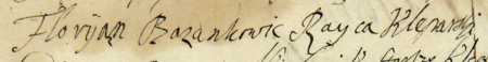 Z akt zapisków lonerskich za lata 1688–1715: fragment dokumentu zawierającego
taksę domów dla poboru szosu za rok 1688; wśród podpisów przedstawicieli władz miejskich podpis rajcy
Floriana Bazankowicza – zbliżenie podpisu z tytułem
urzędu
(Archiwum Narodowe w Krakowie, sygn. KL 129, s. 6)
