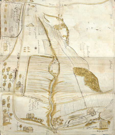 Z kopiarza dokumentów klasztoru Kanoników Regularnych Laterańskich przy kościele Bożego Ciała w Krakowie-Kazimierzu
mapka Swoszowic – niedatowana, w kopiarzu wklejona po dokumencie z 1698 roku
(Archiwum Prowincji Kanoników Regularnych Laterańskich w Krakowie, sygn. Swoszowice 1721–1767, s. 367)