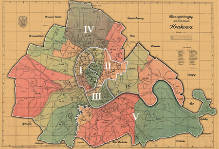 Podział Krakowa na 5 obwodów według stanu z roku 1924 – na Planie ogólnym stoł. król. miasta Krakowa
wydanym w 1925 r. Podstawa rysunku granic obwodów: vide s. 161
(Biblioteka Jagiellońska, sygn. M 41/95)