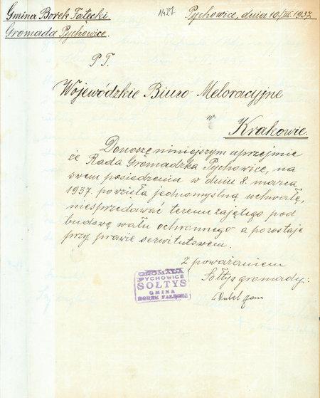 Z akt Urzędu Wojewódzkiego Krakowskiego obejmujących lata 1920–1939 dokument sporządzony w 1937 roku,
będący przykładem samorządowego rozstrzygania spraw na szczeblu najniższym, gromadzkim
(Archiwum Narodowe w Krakowie, sygn. 29/206/402, s. 1427)