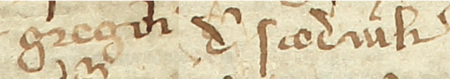 Z najstarszej zachowanej księgi radzieckiej Kazimierza obejmującej lata 1369–1381:
fragment wpisu dokumentującego wybór rajców na rok 1372, z Grzegorzem ze Skotnik w składzie –
oraz zbliżenie zapisu imienia (Archiwum Narodowe w Krakowie, sygn. K 1, s. 77)