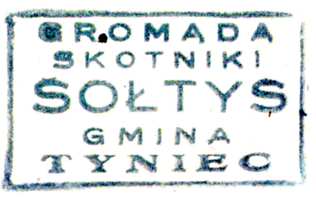 (1939)
Odciski pieczęci urzędowych Skotnik z lat
1862, 1907 i 1939 oraz odcisk pieczęci
dominium skotnickiego z 1845 roku
(Archiwum Narodowe w Krakowie,
sygn. 29/198/11, nlb.;
sygn. 29/206/327, nlb.; Archiwum
Opactwa Benedyktynów w Tyńcu,
sygn. 5/1/4/7; sygn. 5/2/6/1)