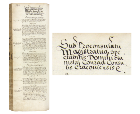 Z księgi radzieckiej obejmującej lata 1575–1580 strona 844 z nagłówkiem otwierającym wpisy spraw prowadzonych
za kadencji burmistrzowskiej Stanisława Konrada w 1579 roku – oraz powiększenie zapisu imienia i funkcji burmistrza
(Archiwum Państwowe w Krakowie, sygn. rkps 447, s. 844)
