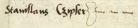Z księgi radzieckiej obejmującej lata 1512-1526 wpis ze strony 647 z wykazem rajców
urzędujących wybranych na rok 1522, wśród których znajduje się Stanisław Czipser – oraz powiększenie zapisu imienia
(Archiwum Państwowe w Krakowie, sygn. rkps 432, s. 647)