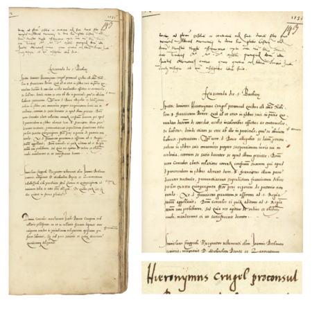 Z księgi radzieckiej obejmującej lata 1536–1538 strona 143 z wpisem z 1536 roku zawierającym zarzuty
postawione przez Franciszka Bonera przeciwko Hieronimowi Krugelowi, wówczas burmistrzowi miasta –
oraz powiększenie zapisu imienia i funkcji burmistrza (Archiwum Państwowe w Krakowie, sygn. rkps 436, s. 143)