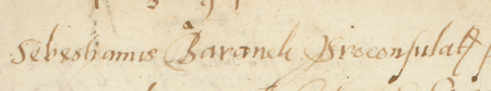 Z księgi radzieckiej Kleparza obejmującej lata 1590–1595: fragment spisu z 1591 roku
otwierającego sprawy załatwiane podczas kadencji burmistrzowskiej rajcy Sebastiana Baranka – zbliżenie zapisu imienia
i funkcji (Archiwum Narodowe w Krakowie, sygn. KL 30, s. 77)