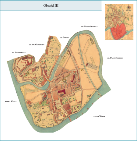 Obwód III według stanu z roku 1855 na przywołanym wcześniej planie miasta z 1879 r. – dzielnica ukształtowana na terenie
poprzedniego Cyrkułu–Obwodu V, jednak z istotnymi korektami. Tradycyjnie dla tej części miasta objęła obszar Kazimierza
i Stradomia, tym razem jednak włączono do niej wzgórze wawelskie z Zamkiem i tereny przywiślane pod wzgórzem, dawnej jurydyki
Rybaki. Północną granicę Stradomia, zatem i Obwodu III, wytyczono na wysokości sąsiadującego przez Planty, a znajdującego się
w Obwodzie I, kościoła śś. Piotra i Pawła. Co do zasady ten kształt dzielnicy–Obwodu III przetrwa ponad 80 lat, do roku 1938. Użyte
przy powyższym planie dzielnicy nazwy terenowe podano według nazewnictwa obowiązującego aktualnie.
