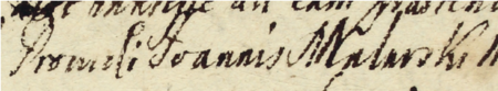 Z księgi wójtowsko-ławniczej Kleparza obejmującej lata 1720–1728: fragment wpisu z 1723 roku
dotyczącego sprawy z udziałem ówczesnego burmistrza Jana Malarskiego – zbliżenie zapisu funkcji i imienia
(Archiwum Narodowe w Krakowie, sygn. KL 17, s. 36)