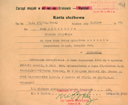 Z akt Starostwa Miejskiego Krakowskiego z lat okupacji niemieckiej dokument –
karta służbowa z 1940 r. z notatką
sporządzoną przez kierownika Ludwika Bialikiewicza
(Archiwum Narodowe w Krakowie, sygn. SMKr 78, s. 131)