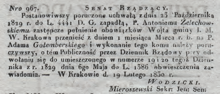 Obwieszczenie Senatu Rządzącego Wolnego Miasta Krakowa z 1830 r.
dotyczące powierzenia obowiązków wójta Adamowi Gołemberskiemu
(DzRzWMK 1830, nr 8–9, s. 29–30)
