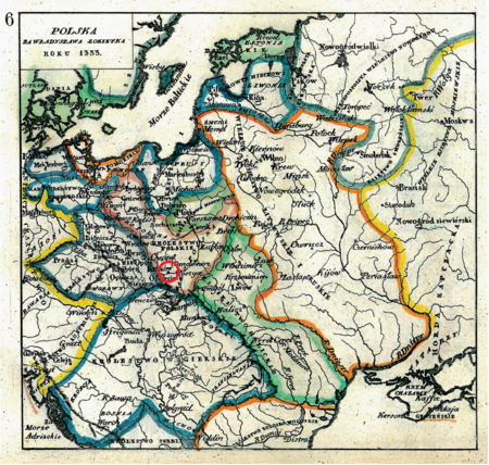 Mapa nr 6
Terytorium ziemi krakowskiej na mapie przedstawiającej Odrodzone Królestwo Polskie w roku śmierci Władysława Łokietka (1333);
przełamanie rozbicia dzielnicowego i koronacja Władysława Łokietka w 1320 roku przywróciły pełnowymiarową stołeczność Krakowowi,
a okolicznym wsiom rangę „podstołecznych” – do faktycznego przeniesienia stolicy z Krakowa w latach 1596–1609 oraz formalnego
ustania krakowskiej stołeczności w 1795 roku