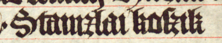 Z księgi radzieckiej Kazimierza obejmującej lata 1402–1416: fragment wpisu
dokumentującego wybór rajców na rok 1410, ze Stanisławem Koszikiem w składzie – oraz zbliżenie zapisu imienia
(Biblioteka Jagiellońska, sygn. rkps 1045/1, k. 197)
