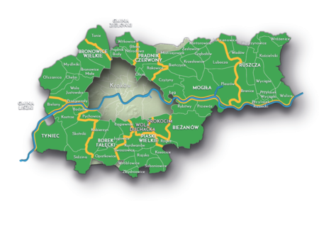 Na planie obrazującym dzisiejsze granice Krakowa miejscowości przyłączone do Krakowa po 1915 roku, oznaczone kolorem określającym ich przynależność do
powiatu krakowskiego wraz z wyodrębnieniem w gminy zbiorcze i gminy jednostkowe od ustawy scaleniowej za czasów II Rzeczypospolitej do reformy podziału
terytorialnego z okresu okupacji niemieckiej – w latach 1934–1941