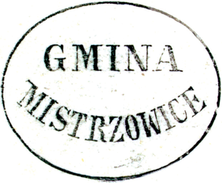 (1861)
Odciski pieczęci urzędowych Mistrzejowic
z lat 1854 i 1861 oraz odcisk w wosku luźnej
pieczęci krakowskiej kapituły katedralnej,
wielowiekowego właściciela Bieżanowa;
w polu pieczętnym z prawej strony postać
św. Stanisława, pastorałem, z lewej strony
postać św. Wacława z włócznią, u dołu trzy
nisze z klęczącymi postaciami, nad świętymi
wyryte imiona: S[ANCTUS] STANISLAUS
S[ANCTUS] VENCZESLAUS,
w otoku napis: S[IGILLUM]
MINUS CAPITULI CRACOVIENSIS
(Archiwum Narodowe w Krakowie,
sygn. WMK XIV-80, s. 927, 1615;
sygn. 29/1597/77)