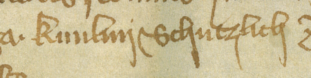 Fragment dokumentu wystawionego w 1366 roku w Kazimierzu, mocą którego rajcy kazimierscy, wśród nich Kunlinus
Schutzlich, wydzierżawili Janowi z Merkilsdorfu parcelę położoną na gruntach zwanych Bawół, za kościołem,
św. Wawrzyńca – oraz zbliżenie zapisu imienia (Archiwum Narodowe w Krakowie, sygn. perg. 45)