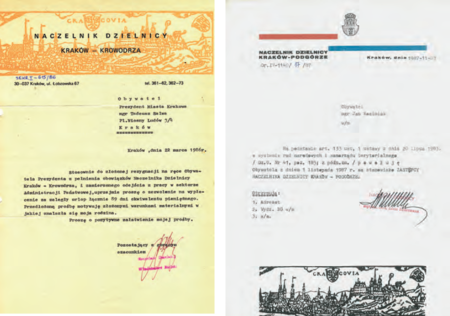 W latach 70. i 80 XX w. starano się szarą rzeczywistość przedstawiać w ubarwionej formie – ozdobne papiery firmowe naczelników
dzielnic: z roku 1974 – naczelnika Dzielnicy Kraków Podgórze, z roku 1976 – naczelnika Dzielnicy Kraków Śródmieście,
z roku 1986 – naczelnika Dzielnicy Kraków Krowodrza oraz z roku 1987 – naczelnika Dzielnicy Kraków Podgórze
(Archiwum Zakładowe Urzędu Miasta Krakowa, sygn. spis 2661/53; spis 77/153; spis 3767/6 oraz ze zbiorów prywatnych)
