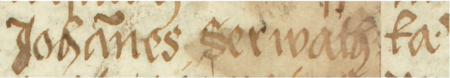 Z księgi miejskiej ławniczej Kleparza obejmującej lata 1499–1528: początkowy fragment wpisu z 1499 roku
dokumentującego wybór przez radę miejską Jana Serwatki na urząd wójta miasta Kleparza – oraz zbliżenie zapisu imienia
(Archiwum Narodowe w Krakowie, sygn. KL 1, s. 1)