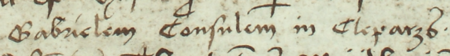 Z księgi miejskiej ławniczej Kleparza obejmującej lata 1499–1528: początkowy fragment wpisu z 1503 roku
dokumentującego sprawę przed ławą dotyczącą zmarłego już Gabriela, rajcy kleparskiego – oraz zbliżenie zapisu imienia
i urzędu (Archiwum Narodowe w Krakowie, sygn. KL 1, s. 52)