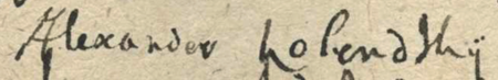 Z Kroniki Golińskiego skopiowany z ksiąg miejskich kazimierskich wpis dotyczący elekcji rady urzędującej na rok 1590
(kronikarz błędnie wpisał rok 1690); wśród nominowanych rajca Aleksander Kolędzki,
wybrany na miejsce zwolnione po Michale Grobie (nr 242) – oraz zbliżenie zapisu imienia
(Biblioteka Zakładu Narodowego im. Ossolińskich, sygn. rkp 187, s. 675)