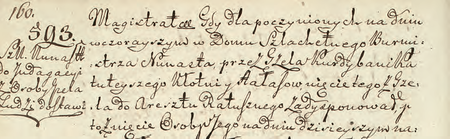 Z Protokołu drugiej rezolucji prześwietnego magistratu miasta c.k. stoł. Krakowa
do szlachetnych burmistrzów wydziałowych… początkowy fragment wpisu z 1798 r.
dotyczącego zdarzenia w domu burmistrza Dominika Nunasta
(Archiwum Narodowe w Krakowie, sygn. 1299, s. 160)