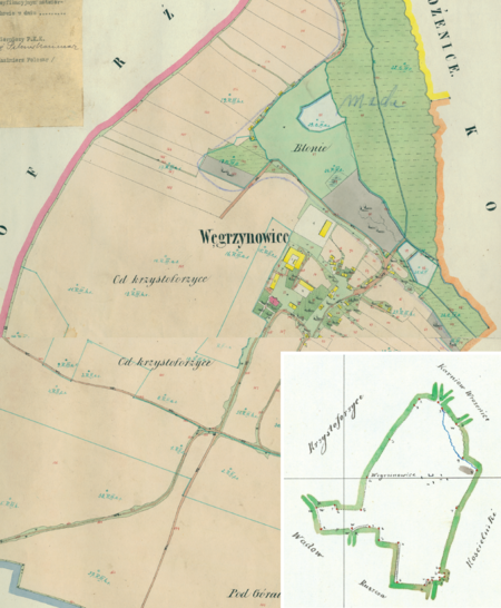 Centrum Węgrzynowic na mapie katastralnej sporządzonej dla gminy katastralnej Węgrzynowice w 1850 roku oraz
pochodzący z lat 1847–1848 plan sytuacyjny z wyrysowanymi granicami gminy Węgrzynowice i lokalizacją gmin sąsiadujących
(Archiwum Narodowe w Krakowie, sygn. K. Krak. 655 I, II; sygn. WM 563a, nlb.)