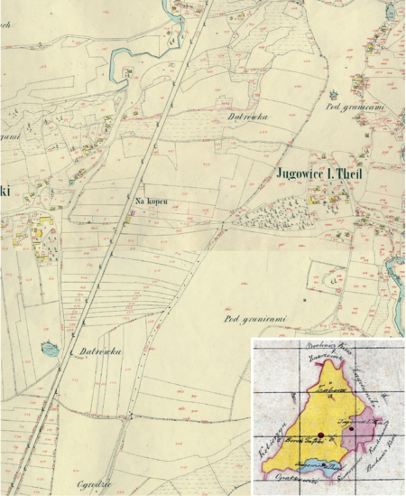 Fragment Jugowic na mapie katastralnej sporządzonej dla gminy katastralnej Jugowice w 1848 roku oraz pochodzący z 1845 roku plan
sytuacyjny z wyrysowanymi granicami gminy Jugowice I i II oraz lokalizacją gmin sąsiadujących
(Archiwum Narodowe w Krakowie, sygn. K. Krak. 56 III, VI; sygn. 29/280/938, k. 1)