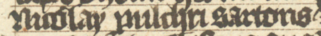Z księgi radzieckiej Kazimierza obejmującej lata 1402–1416: fragment wpisu dokumentującego
wybór rajców na rok 1403, z Mikołajem pięknym krawcem w składzie – oraz zbliżenie zapisu imienia
(Biblioteka Jagiellońska, sygn. rkps. 1045/1, k. 36)
