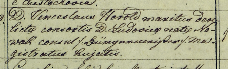 Z akt stanu cywilnego parafii św. Józefa w Podgórzu: kopia księgi zgonów z 1847 roku, strona z wpisami zgonów – oraz
zbliżenie wpisu z 18 września dotyczącego zgonu Wacława Herolda, określonego tu jako „burmistrz magistratu tutejszego”
(Archiwum Narodowe w Krakowie, sygn. USC św. Józefa Z 26, nr 177–202)