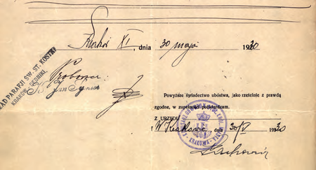 Z akt cmentarzy krakowskich fragment świadectwa ubóstwa z 1930 r. –
poświadczenie złożone przez komisarza Adama Lachowicza
(Archiwum Narodowe w Krakowie, sygn. Cm 415, s. 35)