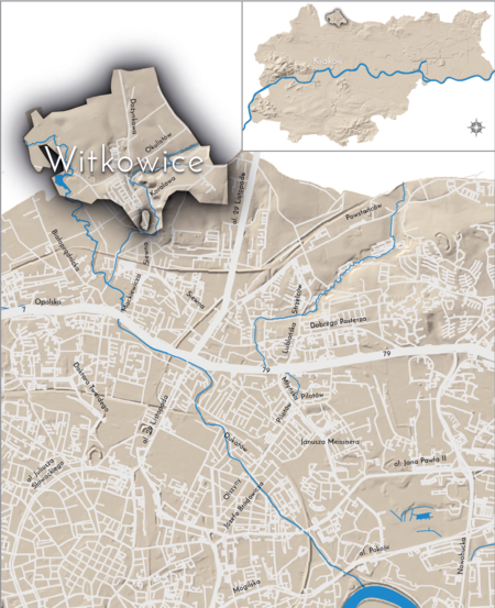 Orientacyjna lokalizacja dawnej wsi Witkowice w obecnych granicach Krakowa – na planie miasta oznaczono jej położenie
w kształcie wyznaczonym granicami jednostki katastralnej, jaką stanowiła, ze wskazaniem najstarszego,
historycznego centrum Witkowic w rejonie północnej części dzisiejszej ulicy Dożynkowej