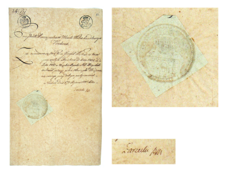 Jedno z rutynowych zaświadczeń urzędowych wydane w 1811 roku przez Prezydenta Municypalności
Miasta Wolnohandlowego Krakowa Stanisława Kostkę Zarzeckiego; na powiększeniach pieczęć miejska i podpis prezydenta
(Archiwum Państwowe w Krakowie, sygn. WKM I-11, s. 105)