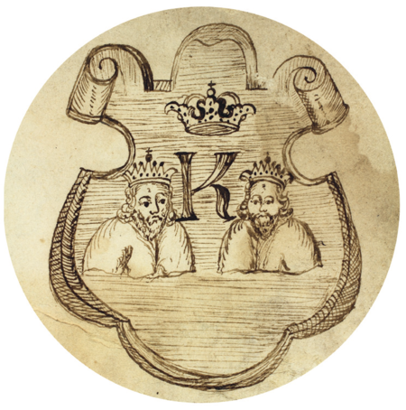 Herb miasta Kazimierza wyrysowany piórkiem na pierwszej stronie
księgi przychodów miejskich prowadzonej w 1688 roku
(Archiwum Narodowe w Krakowie, sygn. K 590, s. 1)