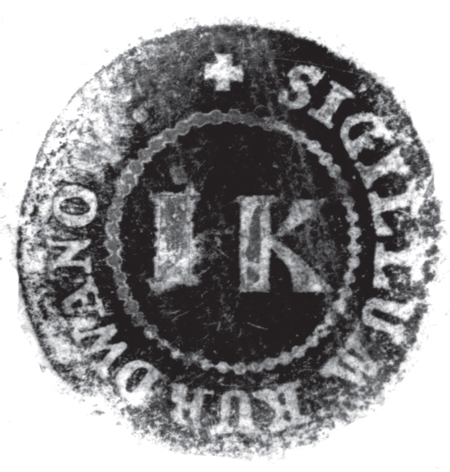 (1847)
Odciski pieczęci urzędowych Kurdwanowa
z lat 1843, 1847, 1924 i 1927
(Archiwum Narodowe w Krakowie,
sygn. K. Krak. op. 83, s. 17; sygn. K. Krak.
op. 147, s. 22; sygn. PUZKr 51, nlb.)