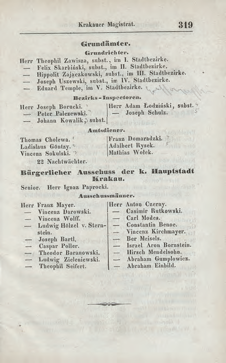 Z rocznika tzw. Szematyzmu galicyjskiego z roku 1854 strona tytułowa i strona z wykazem
komisarzy obwodowych Magistratu krakowskiego; wśród nich komisarz Edward Temple
(Szematyzm 1854, s. tytułowa, s. 319)