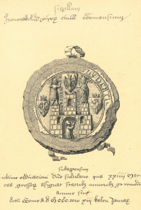 (404) Przerys najstarszej pieczęci miasta i wójta wykonany przez Kajetana Kielisińskiego w latach 30. XIX w. na podstawie istniejącego jeszcze wówczas
oryginału przywieszonego do dokumentu z 1303 r. – szersze omówienie zob. il. 046–051. Tutaj reprodukcja z oryginału przerysu, opatrzonego przez autora
dodatkowym tekstem w języku łacińskim, w tłumaczeniu na język polski: Pieczęć czcigodnych mężów mieszczan krakowskich przywieszona do ostatniej
woli pani Sulisławy, która zapisuje 24 grzywny groszy Braciom Mniejszym za zbawienie swojej duszy. Działo się w Krakowie
20 grudnia 1303 r. Zatem wówczas rysownik nie był świadom, że miał do czynienia z pieczęcią nie tylko mieszczan (czyli miasta),
lecz jednocześnie wójta – wiedzę tę przyniosły dopiero późniejsze badania (BK PAN, sygn. AO III 252)