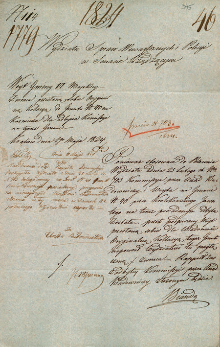 Z akt Wolnego Miasta Krakowa dotyczących spraw gruntowych dokument z 1824 r. – korespondencja
wójta Jakuba Biande z Wydziałem Spraw Wewnętrznych i Policji w Senacie Rządzącym
(Archiwum Narodowe w Krakowie, sygn. WMK VI-60, s. 345)
