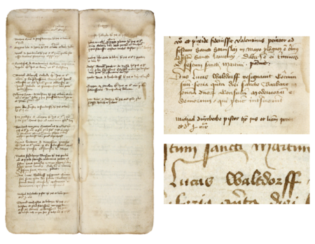 Z księgi przyjęć do prawa miejskiego w Krakowie obejmującej lata 1423–1493 strony 78–79 z wpisem z roku 1438,
dotyczącym rezygnacji przez Łukasza Waltdorfa z prawa obywatelstwa miasta Krakowa – oraz powiększenie zapisu imienia
(Archiwum Państwowe w Krakowie, sygn. rkps 1421, s. 78–79)