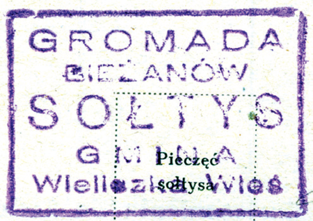 (1949)
Odcisk w laku pieczęci gminnej Bieżanowa
z 1787 roku oraz odciski pieczęci urzędowych
z lat 1920, 1925 i 1949
(CPAHU we Lwowie, sygn. fond 19, opis 1,
sprawa 173; Archiwum Narodowe w Krakowie,
sygn. PUZKr 43, s. 1, 26;
sygn. Gm. WiW 8, nlb.)